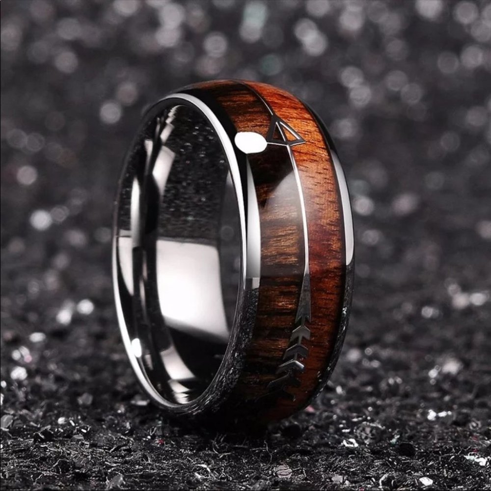 New 8mm Tungsten Koa Wood Arrows Inlay Band Ring - Picture 1 of 4
